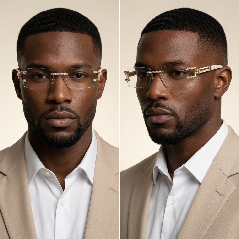 Square Sunglasses Rimless Clear Lens Wood Grain Legs Fashion Men Hip Hop‎ Retro